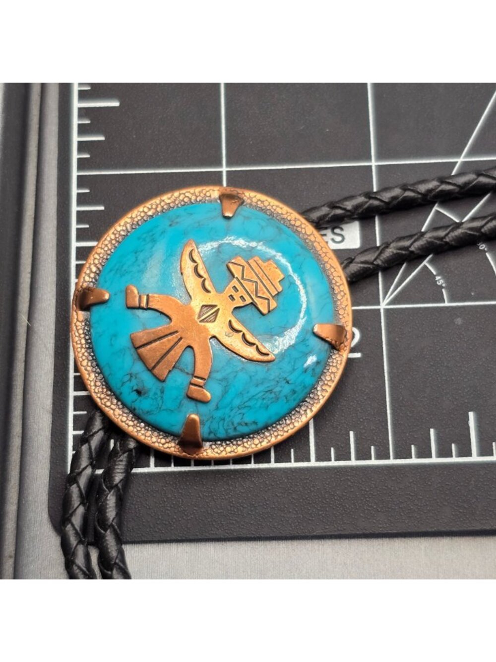 VTG Bell Trading Post Copper Faux Turquoise Birdman Bolo Tie Southwestern Boho - Picture 9 of 11